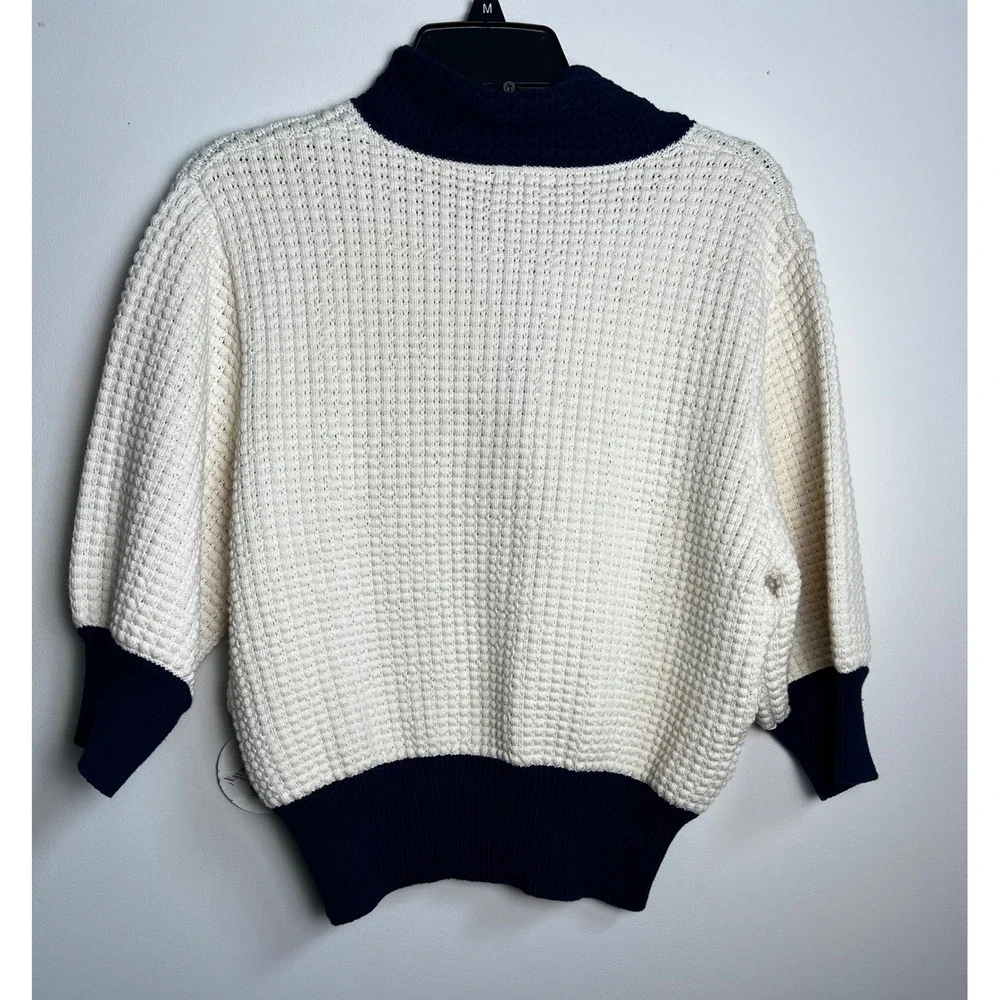 STAUD Altea Cream Navy Waffle Knit Polo Sweater Size L‎ NWT